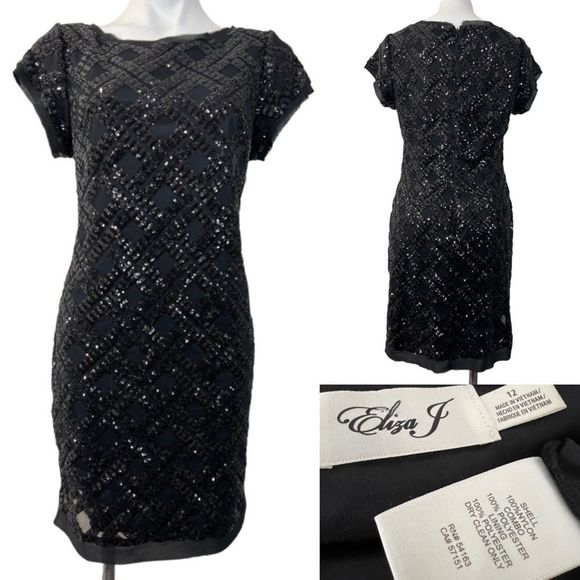 Eliza J size 12 black sequin short sleeve sheath dress - Picture 1 of 5